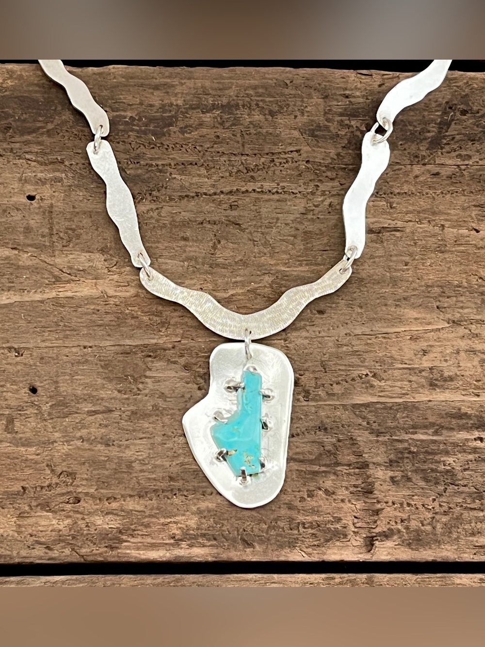 🔴SALE🔴 Vintage Modernist Sterling Silver Turquoise Artisan Wavy Link Necklace